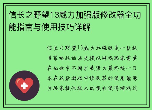 信长之野望13威力加强版修改器全功能指南与使用技巧详解