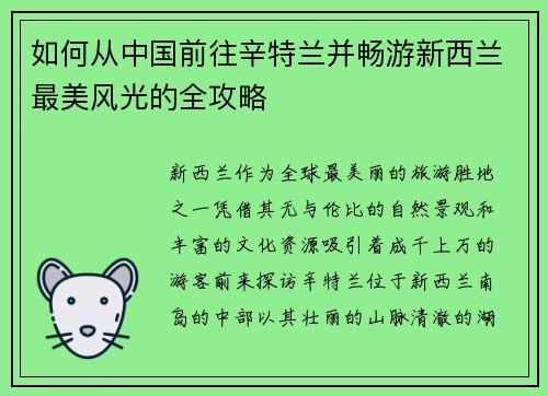 如何从中国前往辛特兰并畅游新西兰最美风光的全攻略